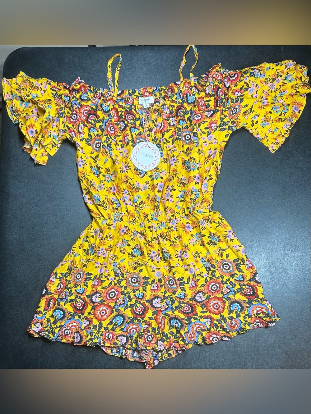 Umgee Women’s Size S Yellow W/Multicolor Floral Bell Sleeve Romper